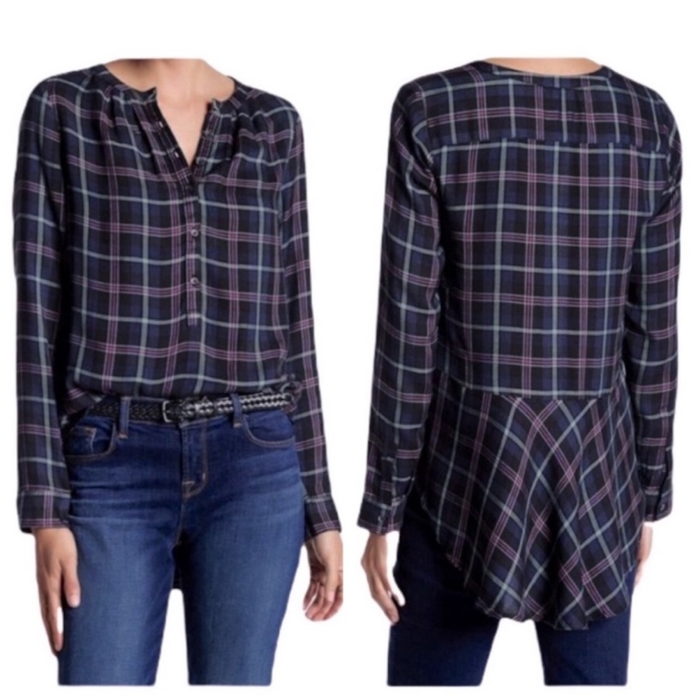 Lucky High Low Split Back Navy Blue Pink Plaid Long Sleeve Henley Tunic Top M